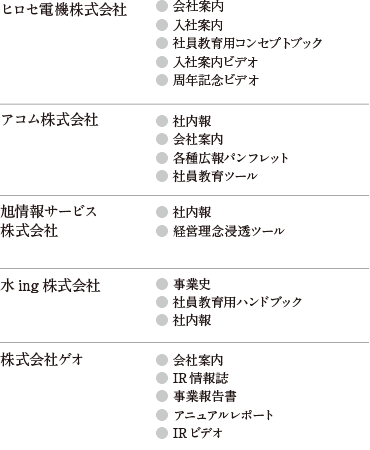 ヒロセ電機株式会社:●会社案内●入社案内●社員教育用コンセプトブック●入社案内ビデオ●周年記念ビデオ/アコム株式会社:●社内報●会社案内●各種広報パンフレット●社員教育ツール/旭情報サービス株式会社:●社内報●経営理念浸透ツール/水ing株式会社:●事業史●社員教育用ハンドブック●社内報/株式会社ゲオ:●会社案内●IR情報誌●事業報告書●アニュアルレポート●IR向けビデオ